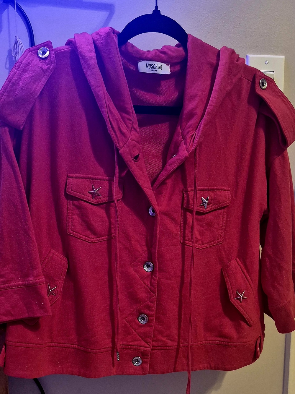 Moschino Kids Bright Red Hooded Jacket with Star Studs